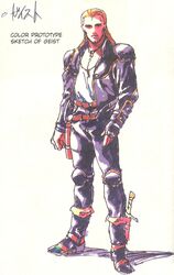  1990s_(style) 1boy boots concept_art highres jacket knife leather leather_jacket m.d._geist male_focus retro_artstyle solo 