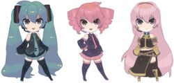  3girls bad_id bad_pixiv_id blue_eyes chibi commentary_request crop_top crossover detached_sleeves drill_hair hatsune_miku headphones headset kasane_teto long_hair megurine_luka midriff multiple_girls necktie pink_hair red_eyes red_hair rocb skirt smile thighhighs twin_drills twintails utau vocaloid 