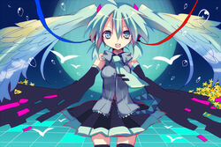  aqua_eyes aqua_hair bad_id bad_pixiv_id detached_sleeves female hanepochi hatsune_miku headphones long_hair necktie skirt smile solo thighhighs twintails vocaloid zettai_ryouiki 