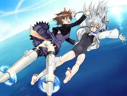  2girls animal_ears barefoot brown_hair commentary_request cosplay costume_switch crossover darker_than_black dog_ears dog_girl dog_tail feet flying freefall fukuen_misato hands highres legs long_hair miyafuji_yoshika miyafuji_yoshika_(cosplay) multiple_girls no_pants ocean one-piece_swimsuit open_mouth panties photoshop_(medium) purple_skirt satou_atsuki school_swimsuit skirt strike_witches striker_unit swimsuit swimsuit_under_clothes tail underwear upskirt voice_actor_connection white_hair world_witches_series yin_(darker_than_black) yin_(darker_than_black)_(cosplay) 