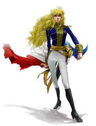  1970s_(style) androgynous bad_id bad_pixiv_id blonde_hair blue_eyes boots curly_hair female flag france full_body hani_(muregaoka) long_hair looking_up oscar_francois_de_jarjayes retro_artstyle reverse_trap simple_background solo standing uniform versailles_no_bara 