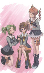  3girls alternate_costume blue_eyes blush boots brown_hair choker commentary_request droite_(tales) gauche_(tales) green_hair hair_ornament hairband knee_boots legs long_legs motsu_rebaa multiple_girls photoshop_(medium) red_eyes red_hair rita_mordio smile tales_of_(series) tales_of_vesperia thighs twintails 