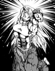  commentary_request female flexing greyscale horns hoshiguma_yuugi jojo_no_kimyou_na_bouken long_hair monochrome muscular oni parody photoshop_(medium) single_horn solo standing star_(symbol) tao_(white_album) touhou 