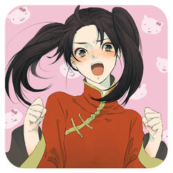  1boy androgynous axis_powers_hetalia bad_id bad_pixiv_id black_hair blush brown_eyes china_(hetalia) china_dress chinese_clothes clenched_hands dress etomai male_focus open_mouth otoko_no_ko shinatty-chan solo twintails 