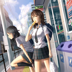  2girls black_hair bottle brown_eyes brown_hair city commentary_request food grey_eyes multiple_girls original plaid plaid_skirt poo_(saku) popsicle school_uniform skirt socks water_bottle 