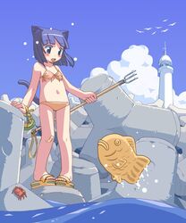  animal_ears bandaid bandaid_on_knee bandaid_on_leg bikini bird blue_eyes blue_hair blunt_bangs blush bob_cut cat_ears cat_tail cloud commentary_request crab crustacean day diving_mask female food goggles holding lighthouse navel open_mouth orange_bikini original outdoors pigeon-toed polearm sandals sky solo standing swimsuit tail taiyaki tetrapod trident wagashi waka_(sagi) water weapon 