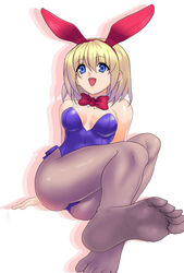  alice_margatroid animal_ears bad_id bad_pixiv_id blonde_hair blue_eyes bow breasts cleavage erugiza feet female legs medium_breasts no_shoes pantyhose photoshop_(medium) playboy_bunny rabbit_ears short_hair sitting soles solo toes touhou 