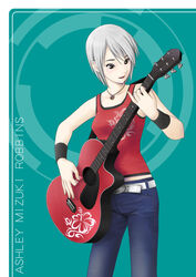  acoustic_guitar another_code another_code_r aritani_mahoro ashley_mizuki_robbins cing commentary_request denim female guitar highres instrument jeans pants plectrum short_hair solo tank_top white_hair 