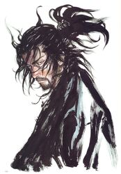  1boy absurdres beard facial_hair highres inoue_takehiko jidaigeki male_focus manly miyamoto_musashi_(vagabond) scan scar solo traditional_media vagabond 