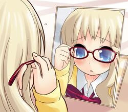  adjusting_eyewear bespectacled blonde_hair blue_eyes blush bow bowtie cardigan collared_shirt commentary female flying_sweatdrops glasses koiwai_flora long_hair long_sleeves looking_at_mirror mirror mizu_asato nanatsuiro_drops parted_lips red-framed_eyewear red_bow red_bowtie ribbon school_uniform seijou_academy_school_uniform shirt solo upper_body white_shirt yellow_cardigan 