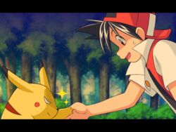  1boy bad_id bad_pixiv_id baseball_cap black_hair forest handshake hat letterboxed male_focus nature open_mouth pikachu pokemon pokemon_(creature) pokemon_adventures red_(pokemon) red_eyes sparkle sweatdrop yagitori you_gonna_get_raped 