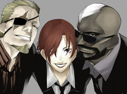  2boys beard blonde_hair blue_eyes commentary_request eyepatch facial_hair female multiple_boys onigunsou ramon_(kof) red_hair scar seth_(kof) smile sunglasses the_king_of_fighters vanessa_(kof) 