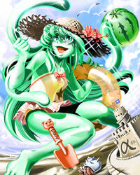  :d aqua_eyes beach bird colored_skin commentary_request crab crustacean day dorasu female flower food fruit gen-chan green_skin hat hermit_crab holding holding_food holding_fruit holding_watermelon innertube living_hair monster_girl ocean open_mouth original outdoors pixiv_robot_wars prehensile_hair sand sand_castle sand_sculpture seagull sky smile solo sparkle straw_hat swim_ring tentacle trowel watermelon 