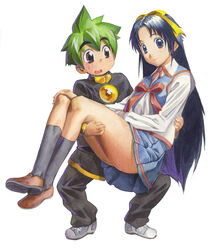  1boy blue_eyes blue_hair carrying couple female green_hair long_hair mamoru-kun_ni_megami_no_shukufuku_wo! photoshop_(medium) princess_carry satou_toshiyuki school_uniform skirt straight takasu_ayako yoshimura_mamoru 