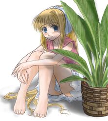  air_(visual_novel) barefoot blonde_hair blue_(ao_maru) blue_eyes feet female hands hugging_own_legs kamio_misuzu long_hair lowres oekaki plant solo very_long_hair 