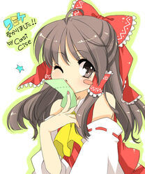  bow brown_eyes brown_hair chigo detached_sleeves female hairbow hakurei_reimu one_eye_closed red_bow ribbon solo touhou 