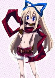  bad_id bad_pixiv_id blonde_hair blue_eyes bow choker cosplay daburyu disgaea female flonne hairbow laharl laharl_(cosplay) long_hair midriff navel red_scarf red_shorts scarf shorts solo wings 