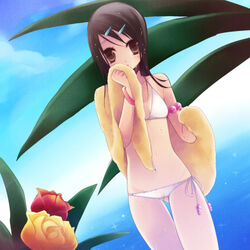  bad_id bad_pixiv_id bikini black_hair bracelet brown_eyes day female flower jewelry long_hair lowleg lowleg_bikini momoyama_nozomu original photoshop_(medium) solo swimsuit towel white_bikini 