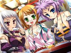  3girls blonde_hair blue_eyes breasts chopsticks cleavage_cutout clothing_cutout eating food freckles gakushin game_cg glasses green_eyes katagiri_hinata koihime_musou large_breasts multiple_girls purple_hair red_eyes riten scar short_hair smile ukin white_hair 