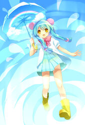  :d bad_id bad_pixiv_id bare_legs blue_dress boots bun_cover capelet double_bun dress female full_body hair_bun hamamo holding looking_at_viewer open_mouth original rubber_boots short_sleeves smile solo umbrella walking yellow_footwear 