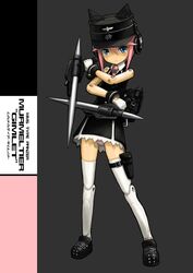  backpack bag blue_eyes busou_shinki commentary_request doll_joints female hat headphones holster joints mecha_musume murmeltier mzd421 necktie panties pantyshot pink_hair short_hair solo striped_clothes striped_panties thigh_strap thighhighs underwear weapon white_thighhighs 