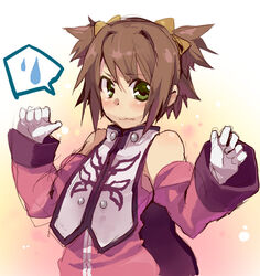  anise_tatlin anise_tatlin_(cosplay) bad_id bad_pixiv_id brown_hair cosplay female gloves goumoto green_eyes ribbon rita_mordio short_hair solo spoken_sweatdrop sweatdrop tales_of_(series) tales_of_the_abyss tales_of_vesperia 