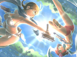  2girls akizuki_ritsuko amami_haruka ass battle bikini breasts cleavage cloud commentary_request cowboy_shot day dual_wielding duel fat_mons finger_on_trigger foot_out_of_frame frills gangsta_hold glasses gun hair_ribbon handgun holding holding_gun holding_weapon idolmaster idolmaster_(classic) large_breasts looking_at_another looking_back mac-10/11 mexican_standoff multiple_girls outdoors pink_ribbon pointing_gun red_bikini ribbon sandals sarong scarf seki_suzume semi-rimless_eyewear side-tie_bikini_bottom sky submachine_gun sun swimsuit trefoil under-rim_eyewear weapon white_sarong wind wind_lift 