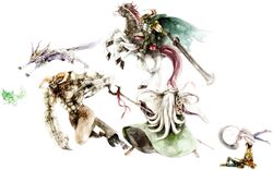  2girls 4boys bad_id bad_pixiv_id bald beard cane cape carbuncle_(final_fantasy) closed_eyes commentary_request facial_hair fenrir_(final_fantasy) final_fantasy final_fantasy_ix garnet_til_alexandros_xvii gloves highres horns horse ifrit_(final_fantasy) ina_(gonsora) lying multiple_boys multiple_girls odin_(final_fantasy) ramuh robe shiva_(final_fantasy) summoner_(final_fantasy) sword weapon zidane_tribal 