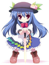  blue_hair boots chibi commentary_request female food fruit hat hinanawi_tenshi long_hair peach red_eyes solo sword sword_of_hisou touhou weapon yamano_sachi 