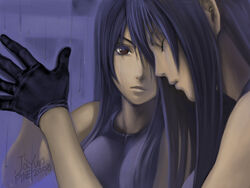  blue_hair brown_eyes different_reflection female final_fantasy final_fantasy_vii final_fantasy_vii_advent_children gloves highres jayun long_hair rain reflection sad tears tifa_lockhart vest 