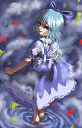  barefoot blue_eyes blue_hair cirno female hair_ribbon katzeh photoshop_(medium) ribbon short_hair solo touhou water wings 