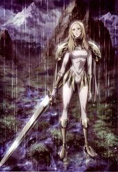  absurdres armor artist_request blonde_hair cape claymore_(series) female grey_eyes highres long_hair miria_(claymore) rain scan solo sword weapon 