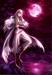  1boy absurdres artist_request blonde_hair cape claymore_(series) highres isley long_hair male_focus moon scan sky solo 