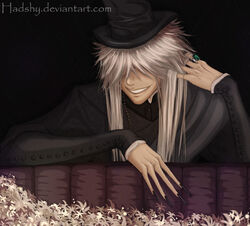  1boy fingernails flower grin hat jewelry kuroshitsuji long_fingernails long_hair male_focus photoshop_(medium) ring scar smile solo undertaker_(kuroshitsuji) white_hair 