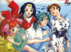  4girls aqua_hair asahina_natsuki asahina_yurina blue_hair brown_eyes brown_hair earrings glasses green_eyes hairband japanese_clothes jewelry kimono lipstick long_hair lying makeup mole mole_under_mouth multiple_girls nail_polish on_back on_stomach open_mouth pajamas pillow randou_serika red_eyes red_hair red_nails short_hair sitting smile super_real_mahjong tanaka_ryou toyohara_etsuko twintails 