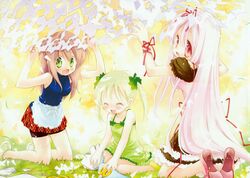  3girls :d ^_^ absurdres bike_shorts blonde_hair blush brown_hair camisole closed_eyes garden_(game) happy highres himemiya_ruri kneeling long_hair mitaonsha multiple_girls oerba_yun_fang open_mouth pink_hair rindou_mana sitting skirt smile suzumura_azami twintails wariza 