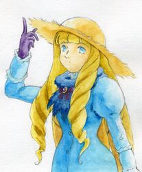  bad_id bad_pixiv_id cosplay dianna_soreil dress female gundam hat highres kihel_heim kihel_heim_(cosplay) painting_(medium) pointing radio_(artist) ringlets scarf solo sun_hat traditional_media turn_a_gundam upper_body watercolor_(medium) 