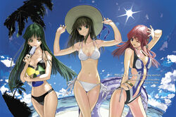  3girls ariel_org arms_up beach bikini bikini_top_only breasts brown_hair cleavage cloud crossover day green_eyes green_hair hands_on_headwear large_breasts long_hair medium_breasts multiple_girls nakabayashi_reimei navel one-piece_swimsuit one_eye_closed ouka_nagisa outdoors photoshop_(medium) pink_hair pinky_out real_robot_regiment setsuko_ohara side-tie_bikini_bottom sky super_robot_wars super_robot_wars_original_generation super_robot_wars_z super_robot_wars_z1 swimsuit yellow_eyes 