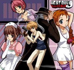  2boys 3girls artist_request asymmetrical_clothes blonde_hair blue_eyes blush braid brown_eyes brown_hair character_request choker daisuke_aurora elbow_gloves gloves green_eyes gun hat heat_guy_j j_(heat_guy_j) kyoko_milchan long_hair monica_gabriel multiple_boys multiple_girls nurse one_eye_closed pink_hair ponytail short_hair silver_hair single_thighhigh thighhighs weapon 