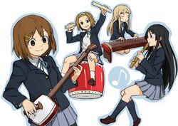  4girls akiyama_mio bachi commentary_request drum flute hirasawa_yui iefukurou instrument k-on! koto_(instrument) kotobuki_tsumugi long_hair multiple_girls pantyhose plectrum sakuragaoka_high_school_uniform school_uniform shakuhachi shamisen taiko_drum tainaka_ritsu 