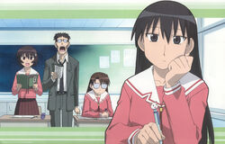  1boy 3girls artist_request azumanga_daioh&#039;s_school_uniform azumanga_daiou black_hair brown_eyes brown_hair cheekbones classroom desk glasses highres indoors kagura_(azumanga_daioh) kimura long_hair mizuhara_koyomi multiple_girls official_art photoshop_(medium) pink_serafuku pink_shirt sakaki_(azumanga_daioh) school_uniform serafuku shirt winter_uniform 