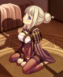  ar_tonelico ar_tonelico_ii blonde_hair breasts cape cleavage commentary female hair_bun kneeling large_breasts long_hair purple_eyes reisha_truelywaath sarashi single_hair_bun solo terumii 