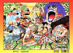  6+boys alcohol armor bandages black_hair blue_hair blue_skin bon_clay breastplate buggy_the_clown colored_skin copyright_name crocodile_(one_piece) cup daz_bones emporio_ivankov facial_hair fish_boy food galdino gourd highres hook_hand horse inazuma_(one_piece) japanese_armor japanese_clothes jinbe_(one_piece) katana kote kusazuri male_focus monkey_d._luffy monster_boy multiple_boys oda_eiichirou off_shoulder official_alternate_costume official_art one_piece onigiri photoshop_(medium) purple_hair sakazuki sake samurai sandals scroll short_hair shoulder_armor sode sword tabi tattoo topless_male very_short_hair weapon 