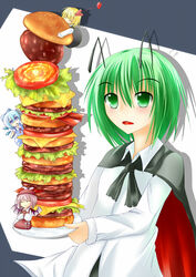  4girls antennae burger cirno commentary_request double-decker_hamburger_bun food green_eyes green_hair in_food midori_(misuriru8) mini_person minigirl multiple_girls mystia_lorelei rumia short_hair team_9_(touhou) too_much_burger touhou wriggle_nightbug 