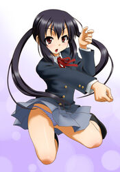  black_hair brown_eyes clothes_lift commentary_request female jumping k-on! long_hair nakano_azusa neck_ribbon panties peter_(gvb) red_ribbon ribbon sakuragaoka_high_school_uniform school_uniform skirt skirt_lift solo striped_clothes striped_panties twintails underwear upskirt 