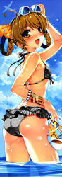  :d absurdres aircraft airplane ass bikini bikini_skirt bracelet braid breasts brown_eyes brown_hair chidori_minamo day eyewear_on_head female highres holding holding_shoes jewelry looking_at_viewer looking_back misaki_kurehito o-ring o-ring_top oerba_yun_fang one_eye_closed open_mouth outdoors polka_dot polka_dot_bikini scan shiny_skin shoes small_breasts smile smile_cubic! solo string_bikini suiheisen_made_nan_mile? sunglasses swimsuit twin_braids wading water 