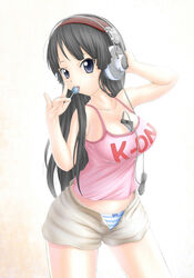  akg akg_k-series_headphones akiyama_mio bad_id bad_pixiv_id between_breasts black_eyes black_hair breasts candy casual digital_media_player female food headphones highres ipod ipod_touch k-on! large_breasts lollipop long_hair panties photoshop_(medium) product_placement sho-he- shorts solo striped_clothes striped_panties tank_top underwear unzipped white_shorts 