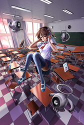  brown_eyes brown_hair chair classroom commentary_request desk digital_media_player female floating headphones highres indoors ipod original pen poo_(saku) school_desk school_uniform short_hair skirt solo thighhighs tile_floor tiles 