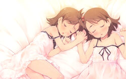  2girls brown_hair chinchickrin closed_eyes commentary_request flipped_hair futami_ami futami_mami hair_bobbles hair_ornament holding_hands idolmaster idolmaster_(classic) lolicon multiple_girls photoshop_(medium) siblings side_ponytail sisters sleeping strap_slip twins 