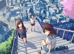  3girls bag bookbag brown_hair cherry_blossoms city commentary_request happy long_hair multiple_girls original poo_(saku) school_uniform sitting sitting_on_stairs stairs tree 